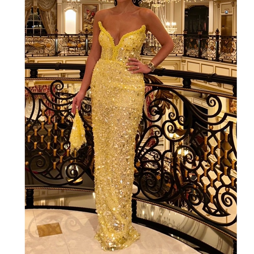 YELLOW BEADED EVENING GOWN Custom